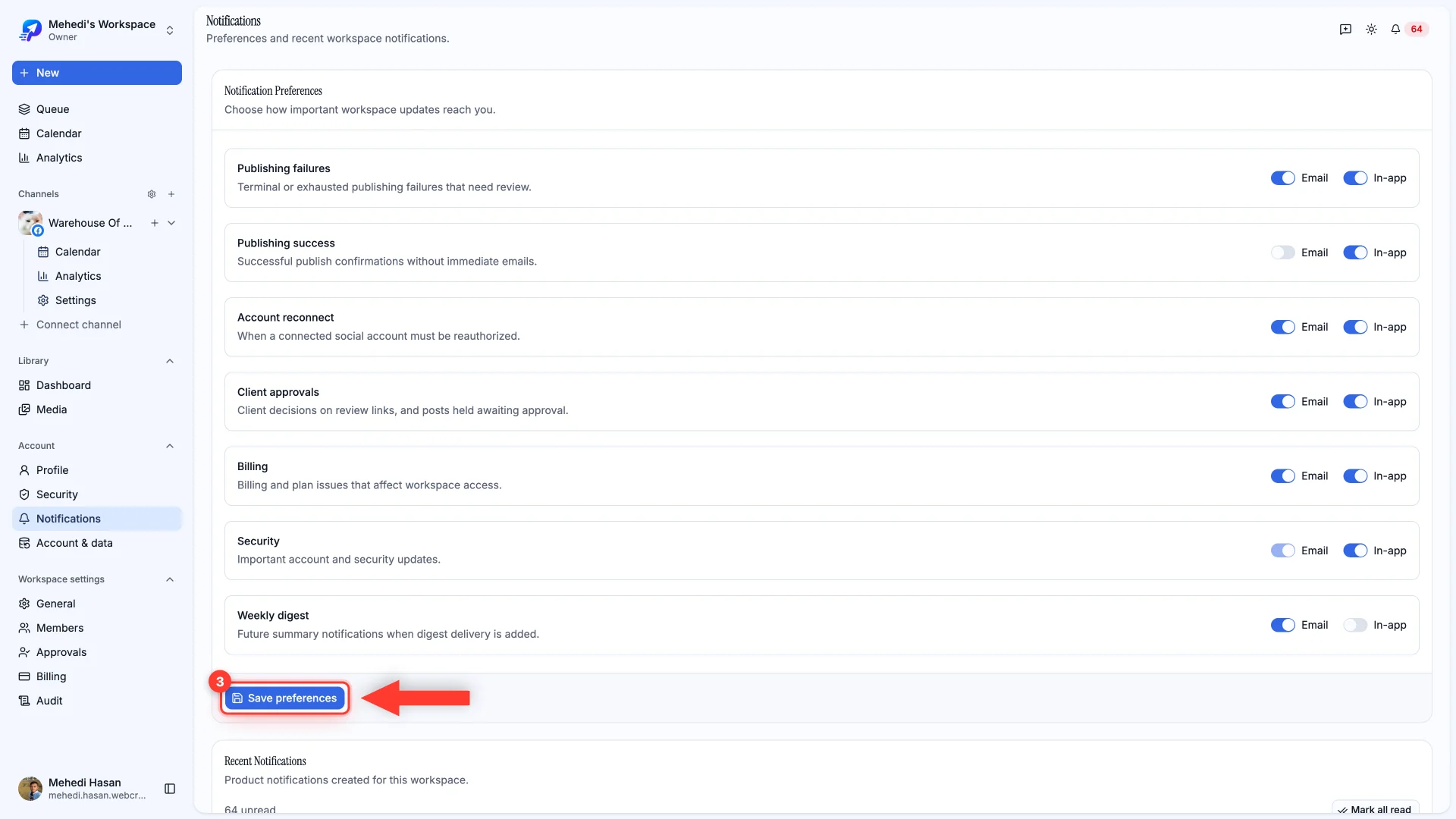 The notification preferences page with the Save preferences button highlighted.