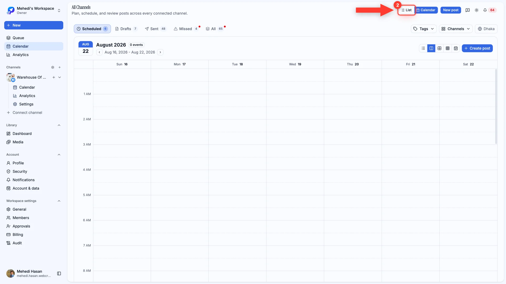 The calendar with the List toggle highlighted.