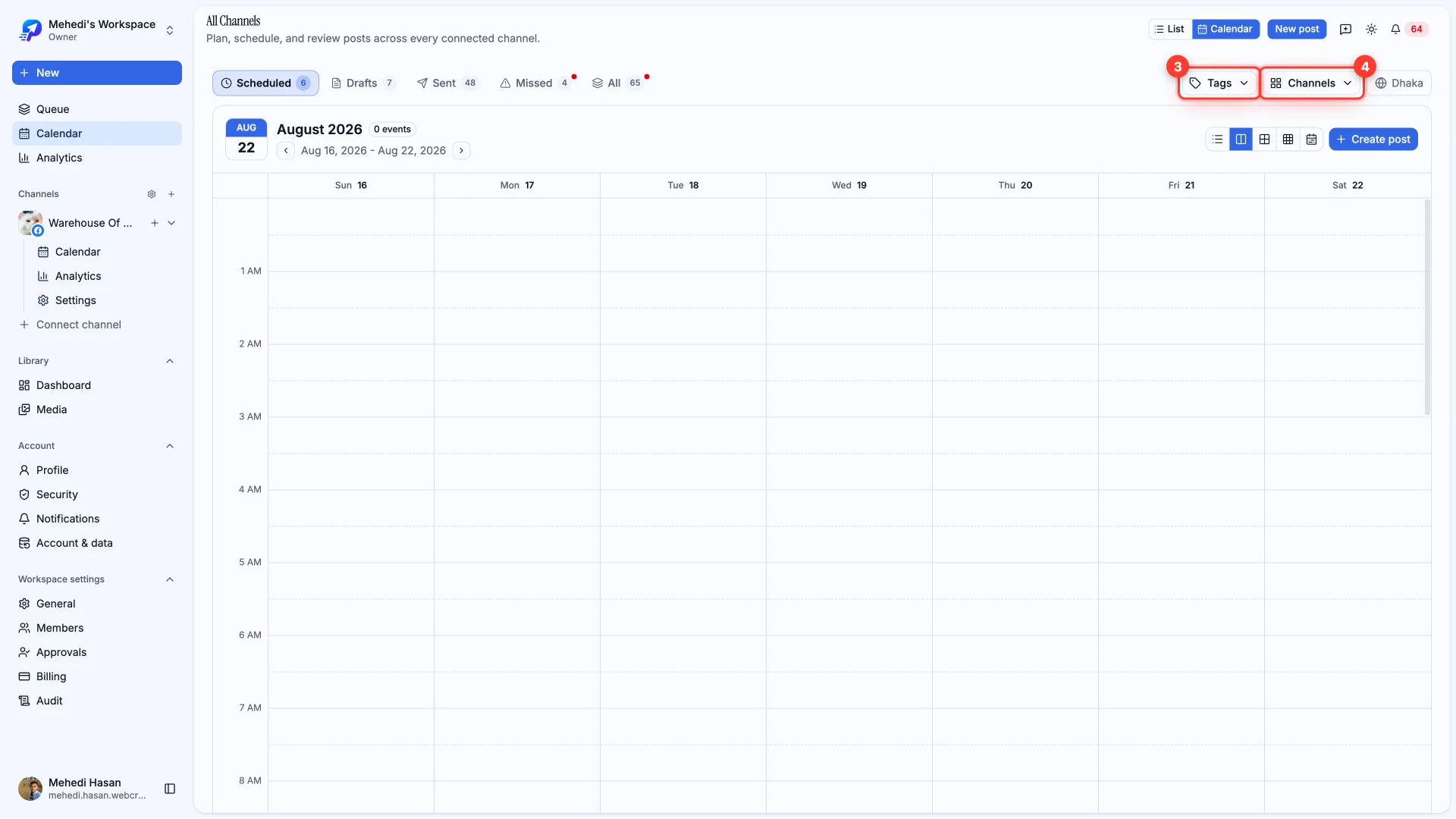 The calendar toolbar with the Tags and Channels filters highlighted.