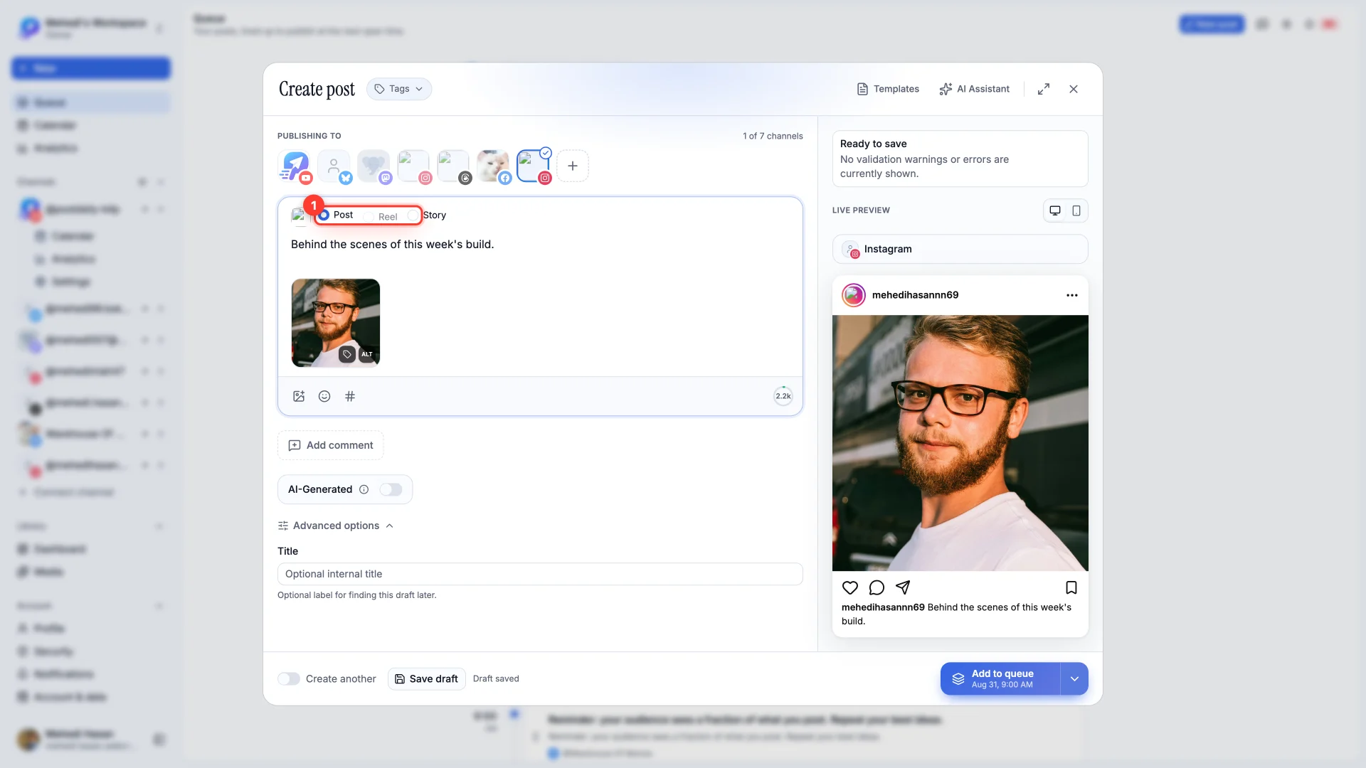 The Instagram composer with the Post, Reel and Story format tabs highlighted.