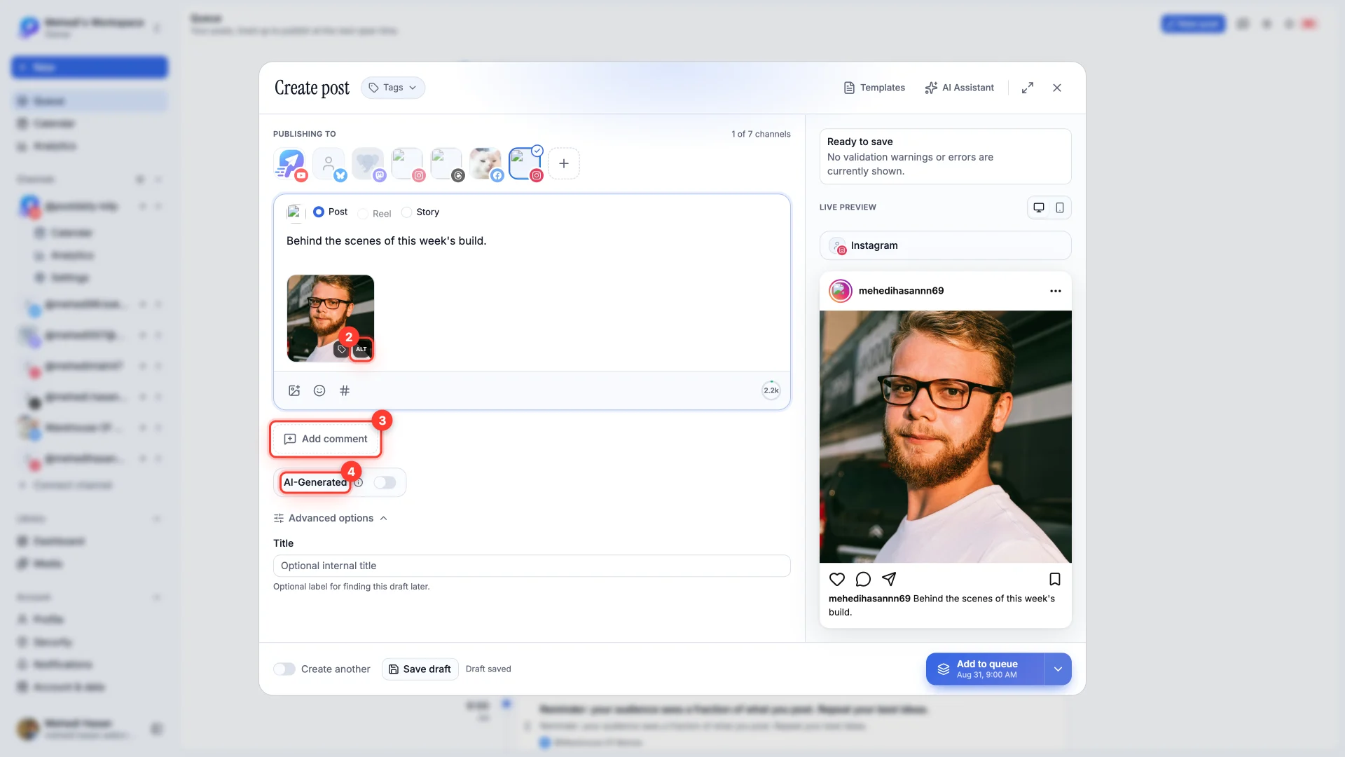 The composer showing the ALT badge on the thumbnail, the Add comment button and the AI-Generated toggle.