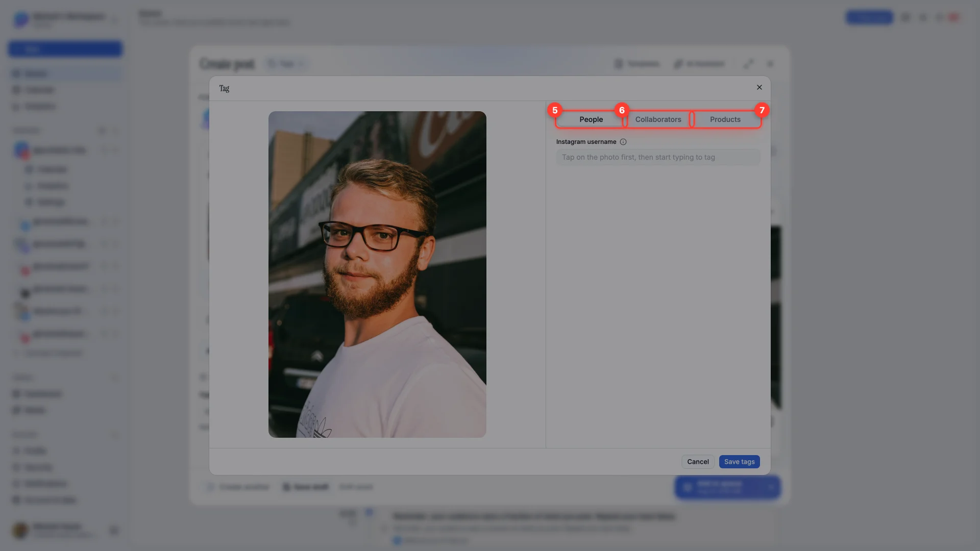 The Instagram tag dialog with the People, Collaborators and Products tabs highlighted.