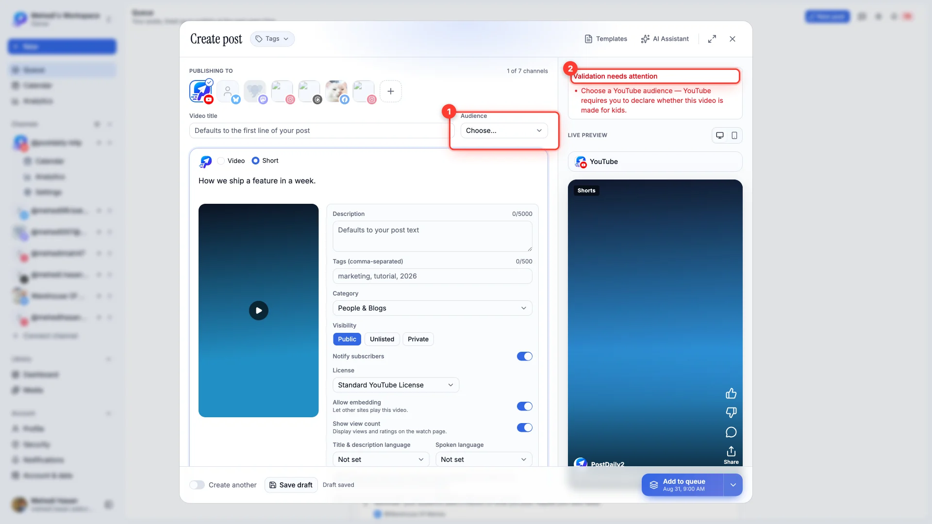 The YouTube composer with the Audience dropdown and the validation message about declaring whether the video is made for kids.