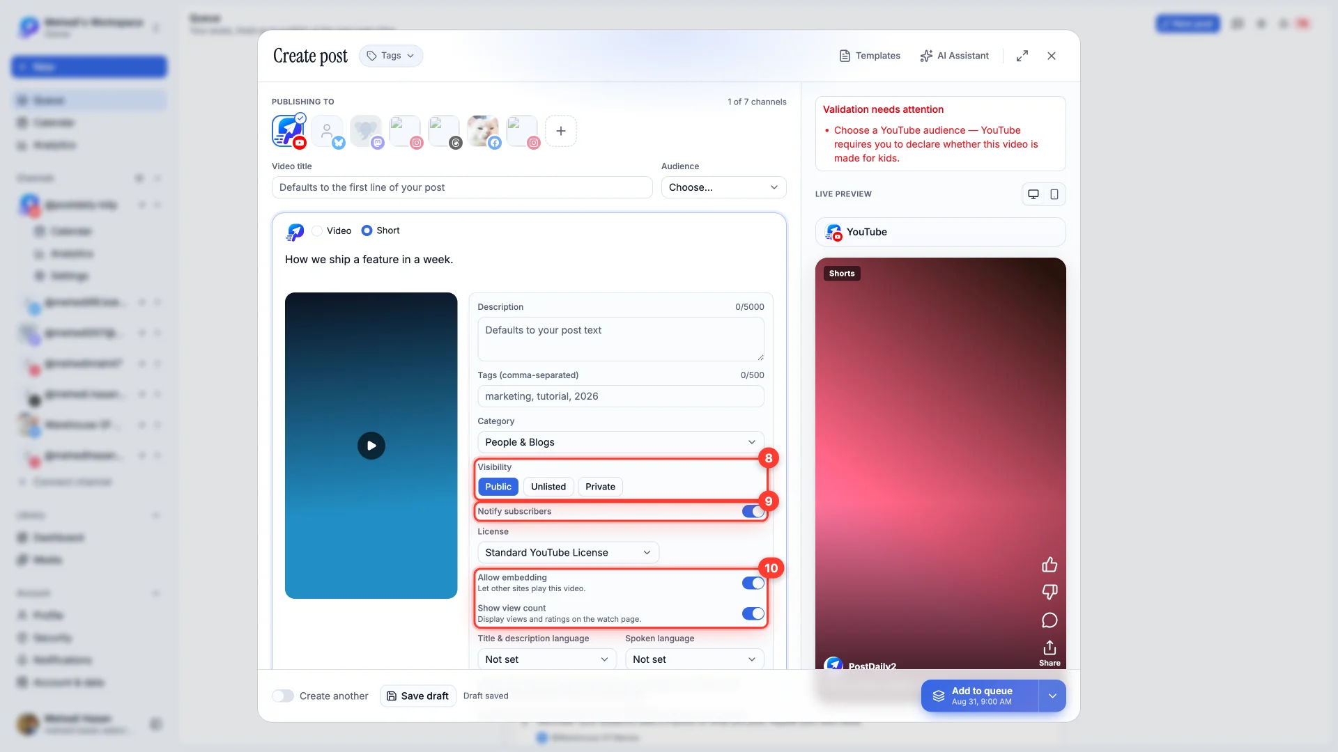 Visibility, Notify subscribers, License, Allow embedding and Show view count.