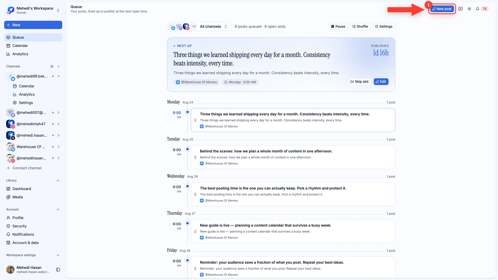 The queue page with the New post button highlighted.