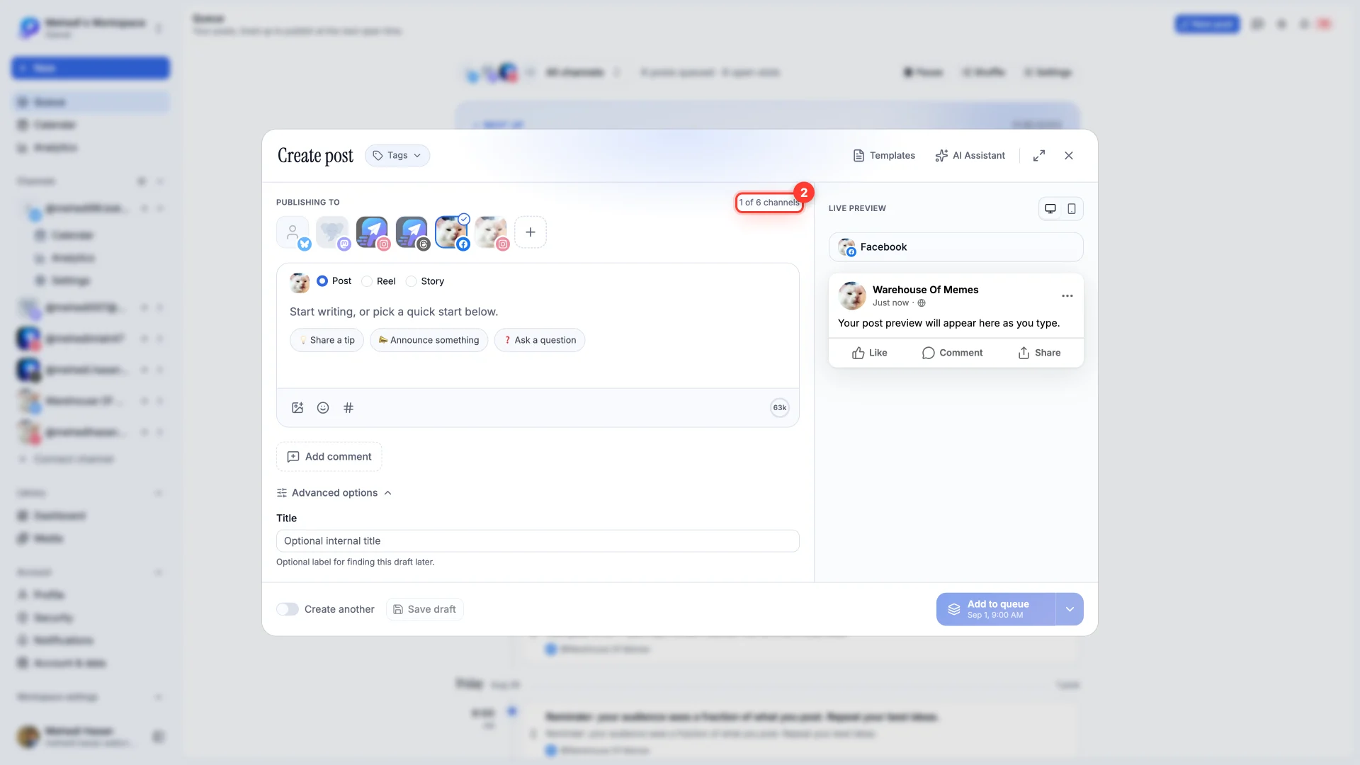 The composer with a Facebook Page selected and the channel counter highlighted.