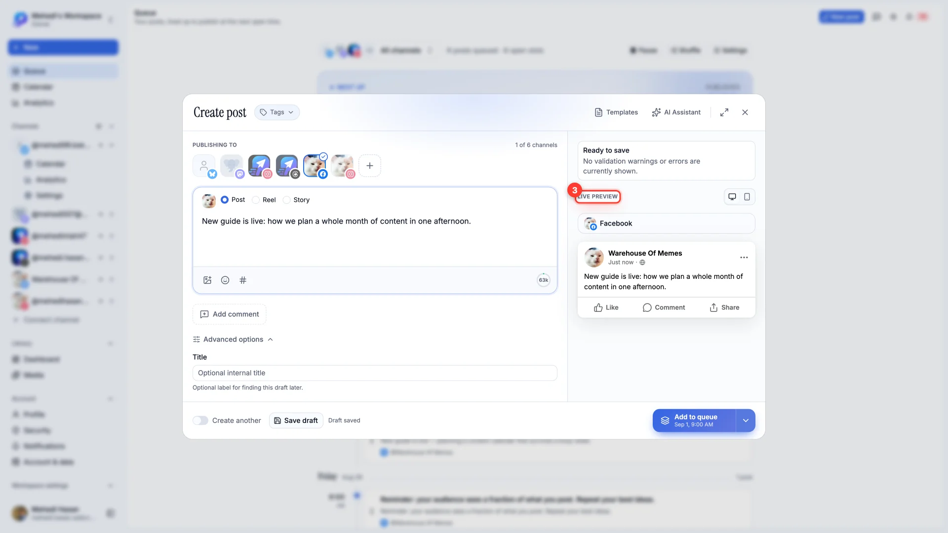 The composer with a caption typed and the live Facebook preview highlighted.