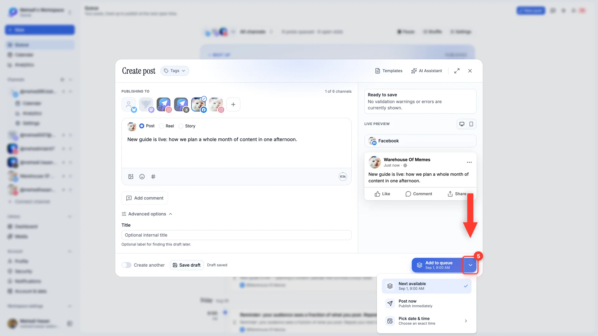 The submit button expanded, showing Next available, Post now, and Pick date and time.