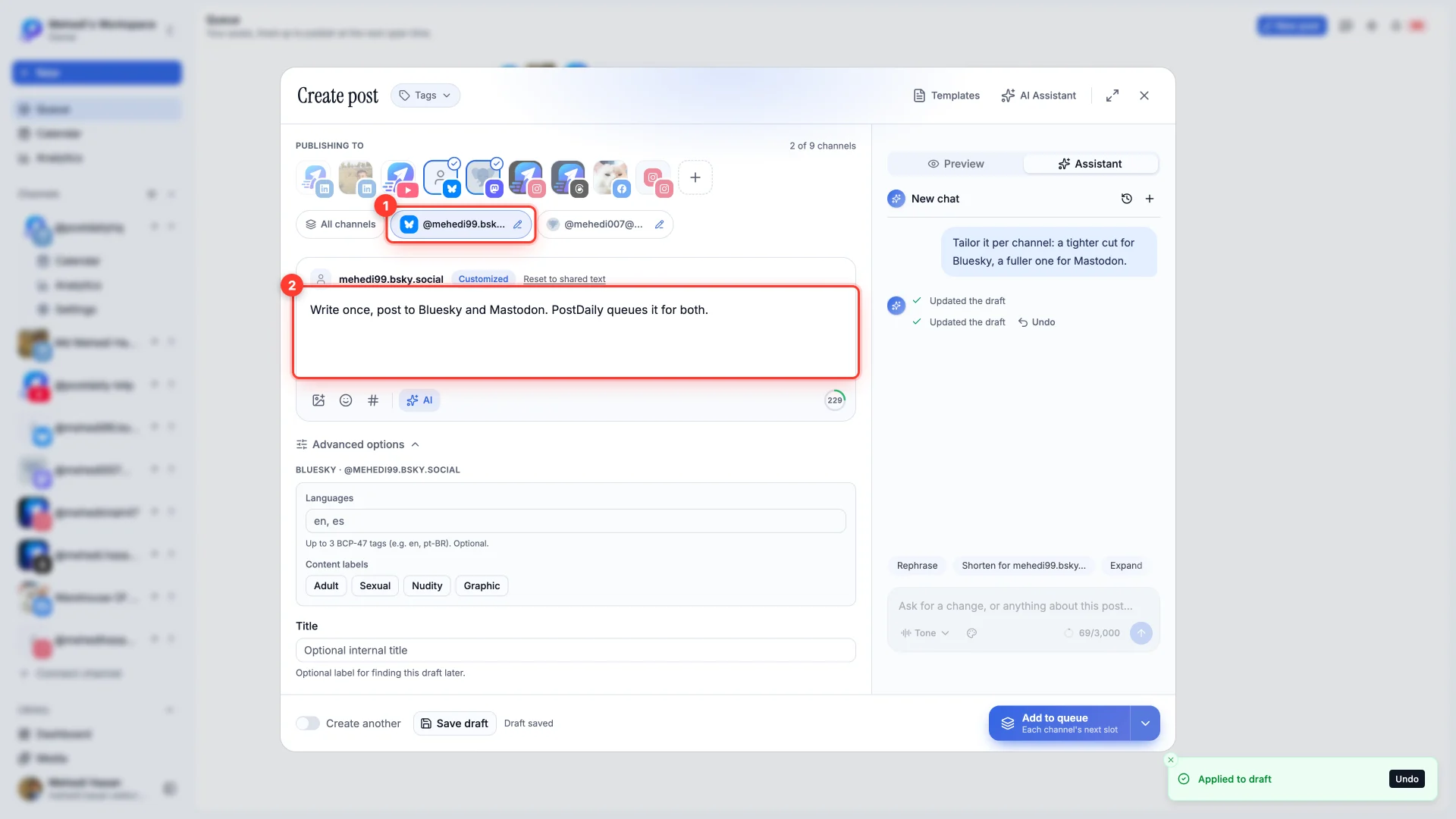 The Bluesky tab with its pencil mark, showing the customized Bluesky version in the editor.