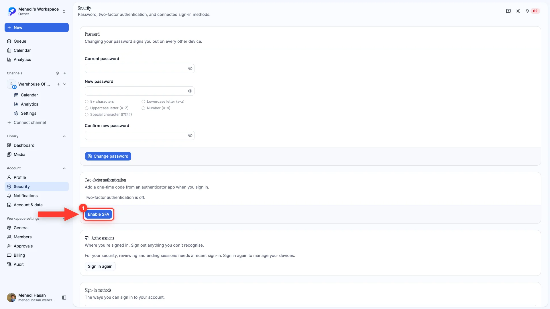 The Security settings page with the Enable 2FA button highlighted.
