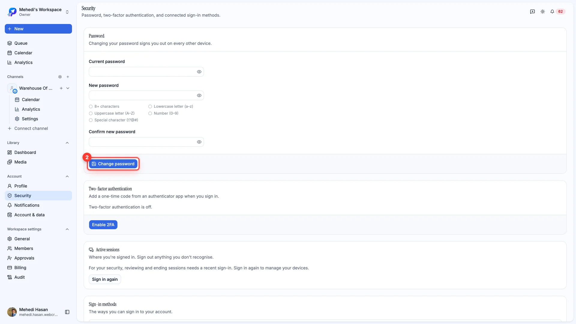 The Security settings page with the Change password button highlighted.