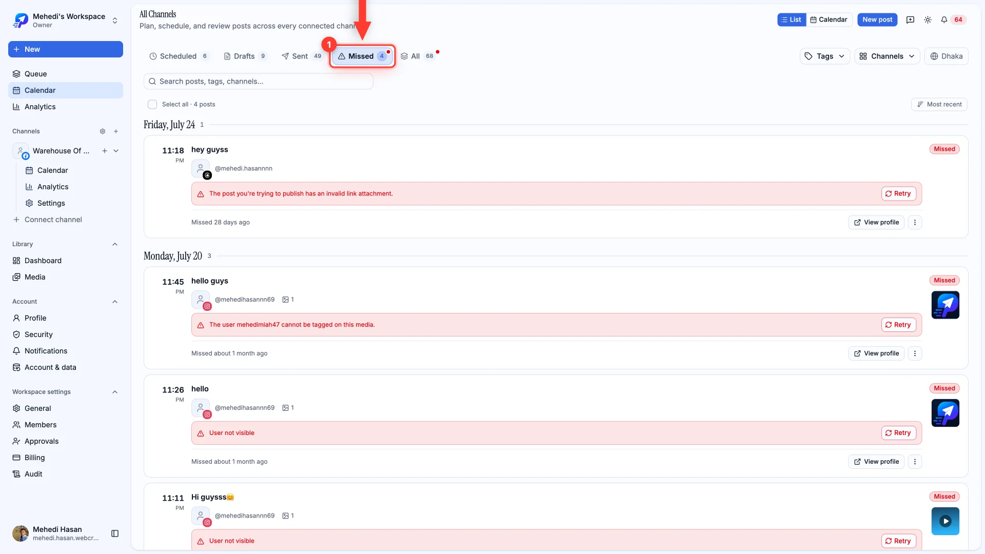 The post list with the Missed tab highlighted.