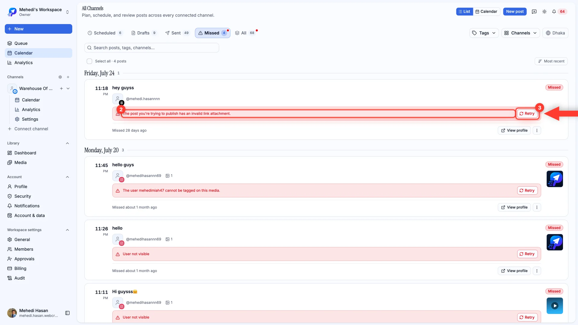 Failed posts showing provider error messages with Retry buttons highlighted.