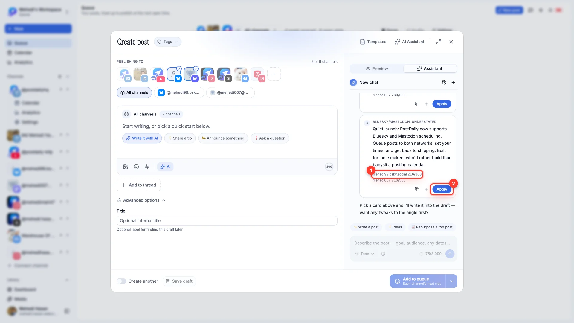 Three options from the Assistant, each with a character count per channel and an Apply button.