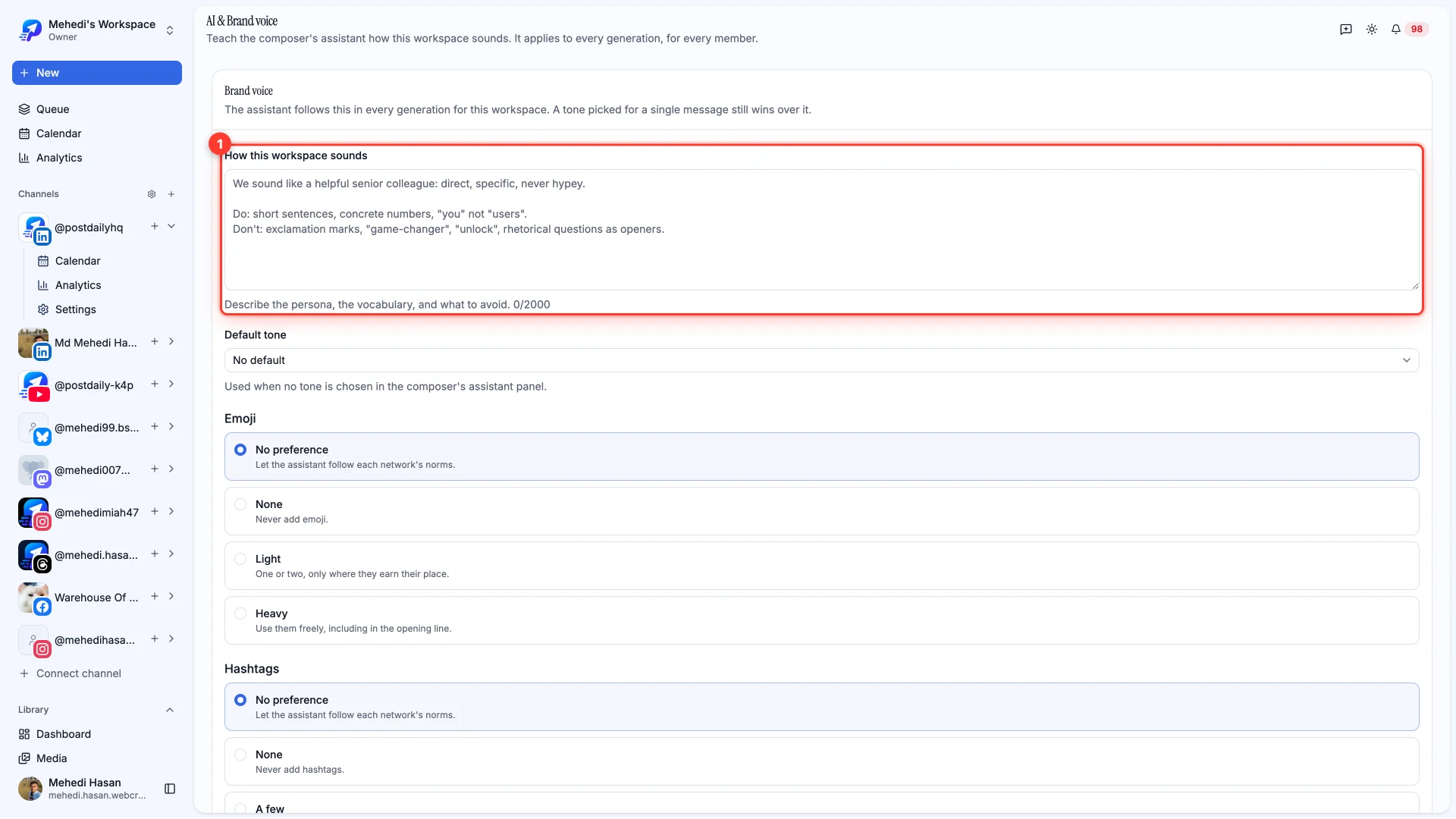 The AI & Brand voice settings page with the How this workspace sounds field highlighted.